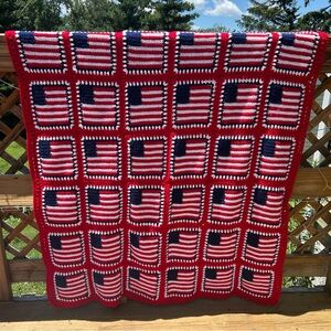 Vintage American Flag Afghan Crochet Blanket Patriotic Americana Throw 73”X 56”